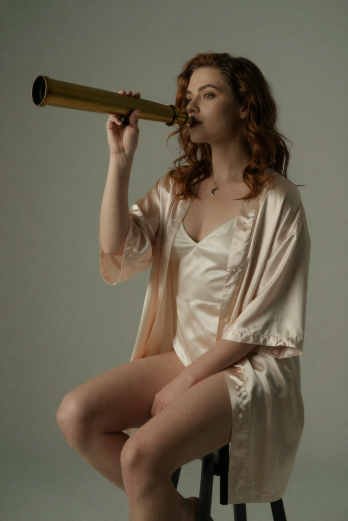 Luna, a fictional 27-year-old muse in a champagne silk robe with a crescent pendant, seated on the observatory stool at SearchAiPron